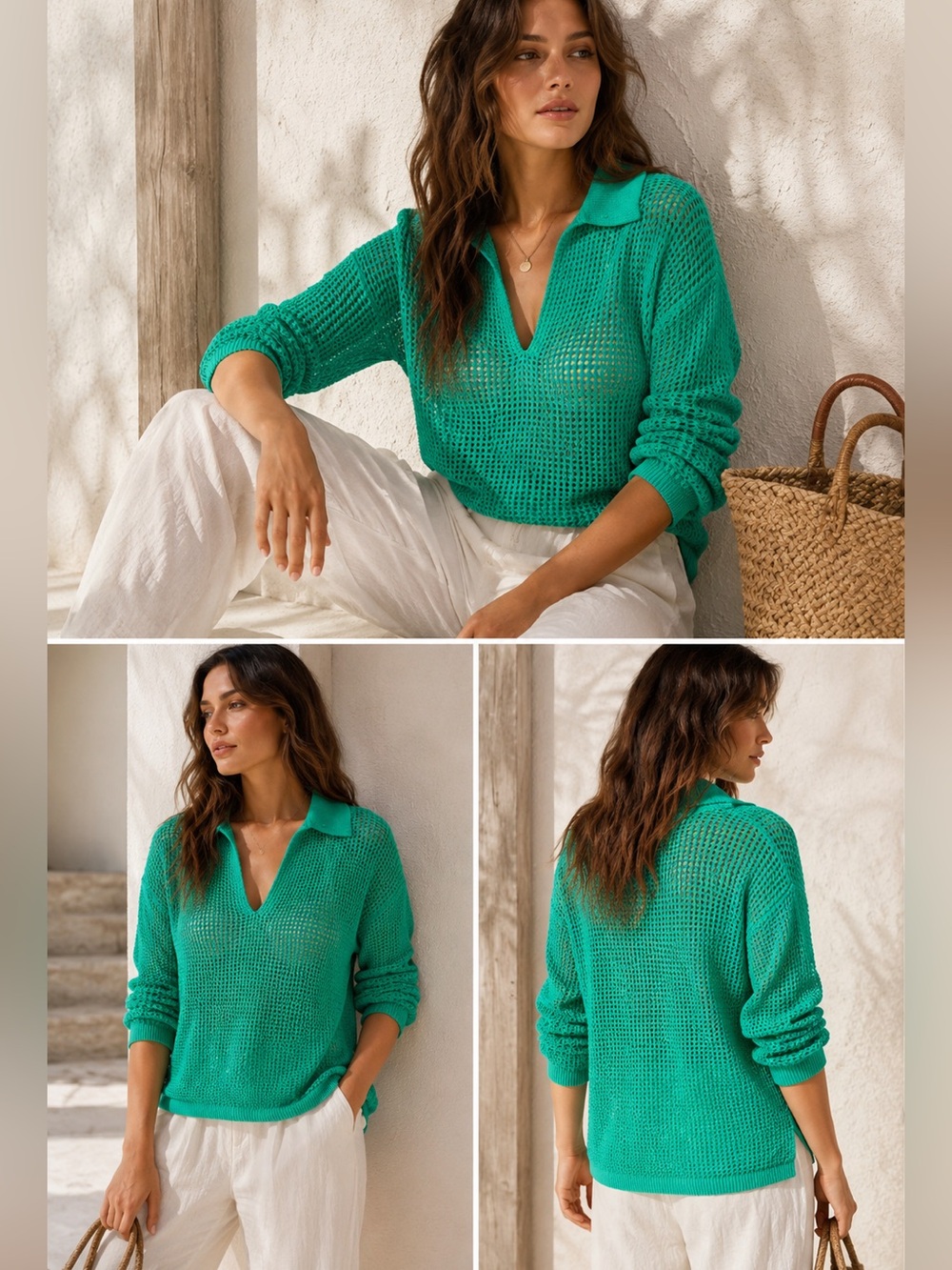 GAP Open Knit Polo Sweater NWT 100% Cotton Coastal Beach Resort Mesh Green M